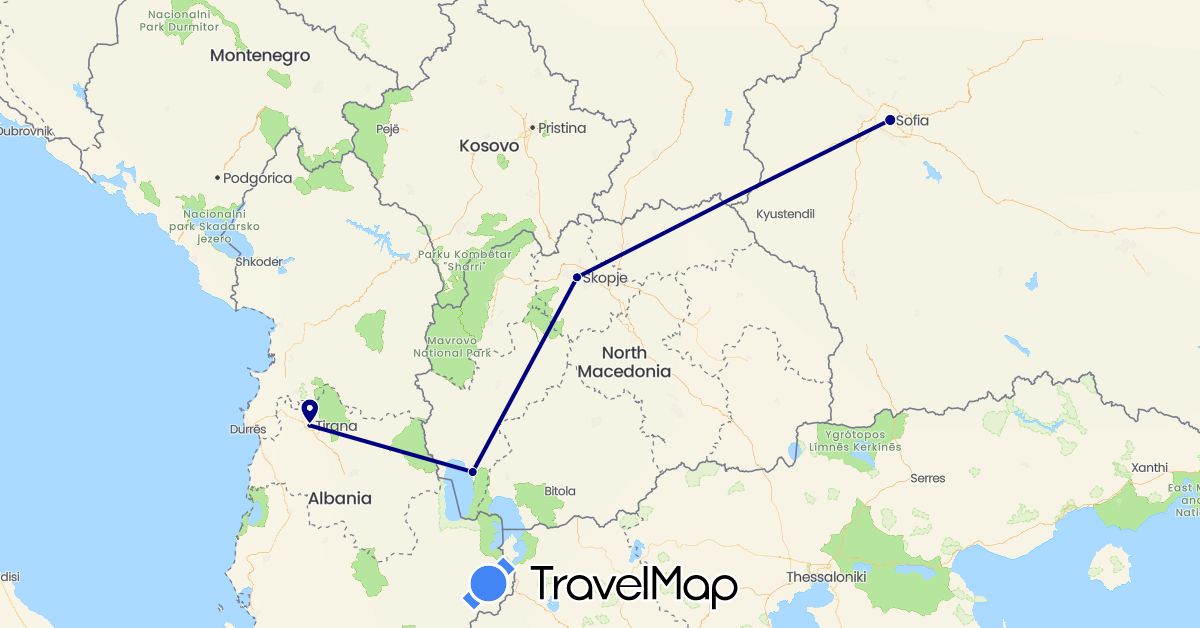 TravelMap itinerary: driving in Albania, Bulgaria, Macedonia (Europe)